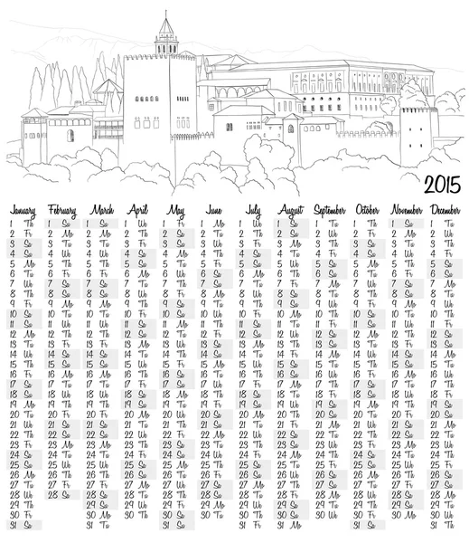 Calendario 2015 con boceto urbano de Granada, España — Vector de stock
