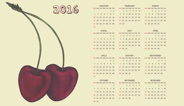 2016 calendário de cereja — Vetor de Stock