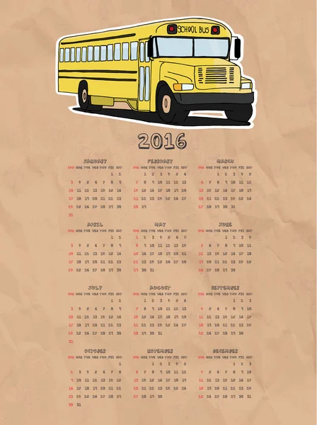 Calendrier des autobus scolaires 2016 — Image vectorielle