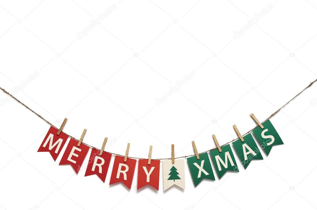 Merry Xmas DIY paper Christmas garland with shadow on white background isolated