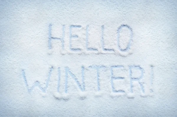 Texten Hej vinter skriven på snö. — Stockfoto