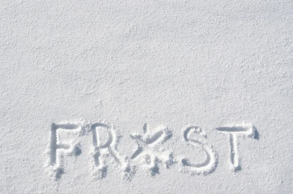 Text FROST hand written on snow background. Horizontal postcard template. Space for copy, lettering. — Stockfoto