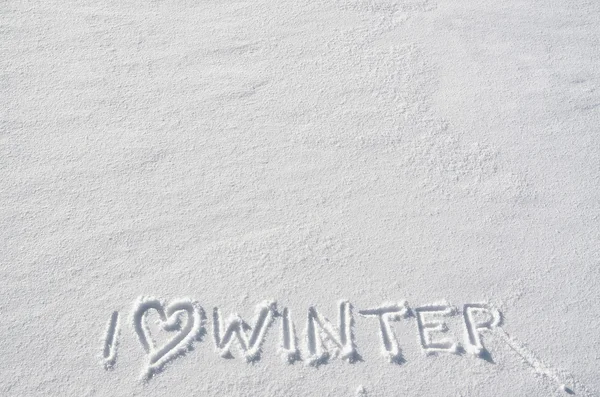 Text I LOVE WINTER and heart symbol hand written on snow background. Horizontal postcard template. Space for copy, lettering. — Stockfoto