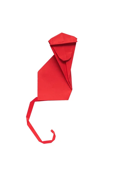 Papier rouge plié origami singe sur fond blanc isolé . — Photo