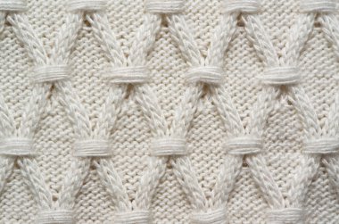 White knitted net ornament sweater texture background. Space for copy, text, lettering.