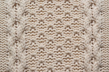 Beige white knitted sweater texture background. Space for copy, text, lettering.