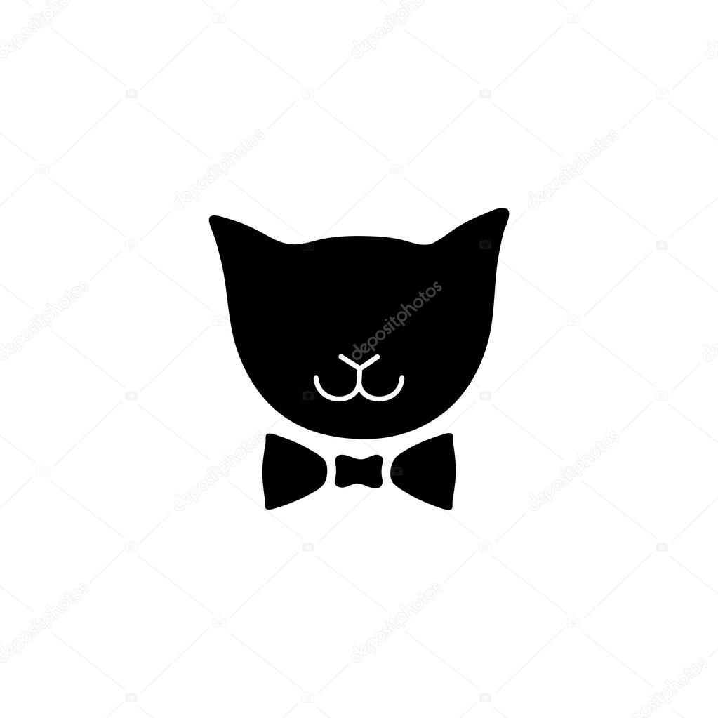 Cat with bow. Vector logo. Black silhouette domestic cute kitten