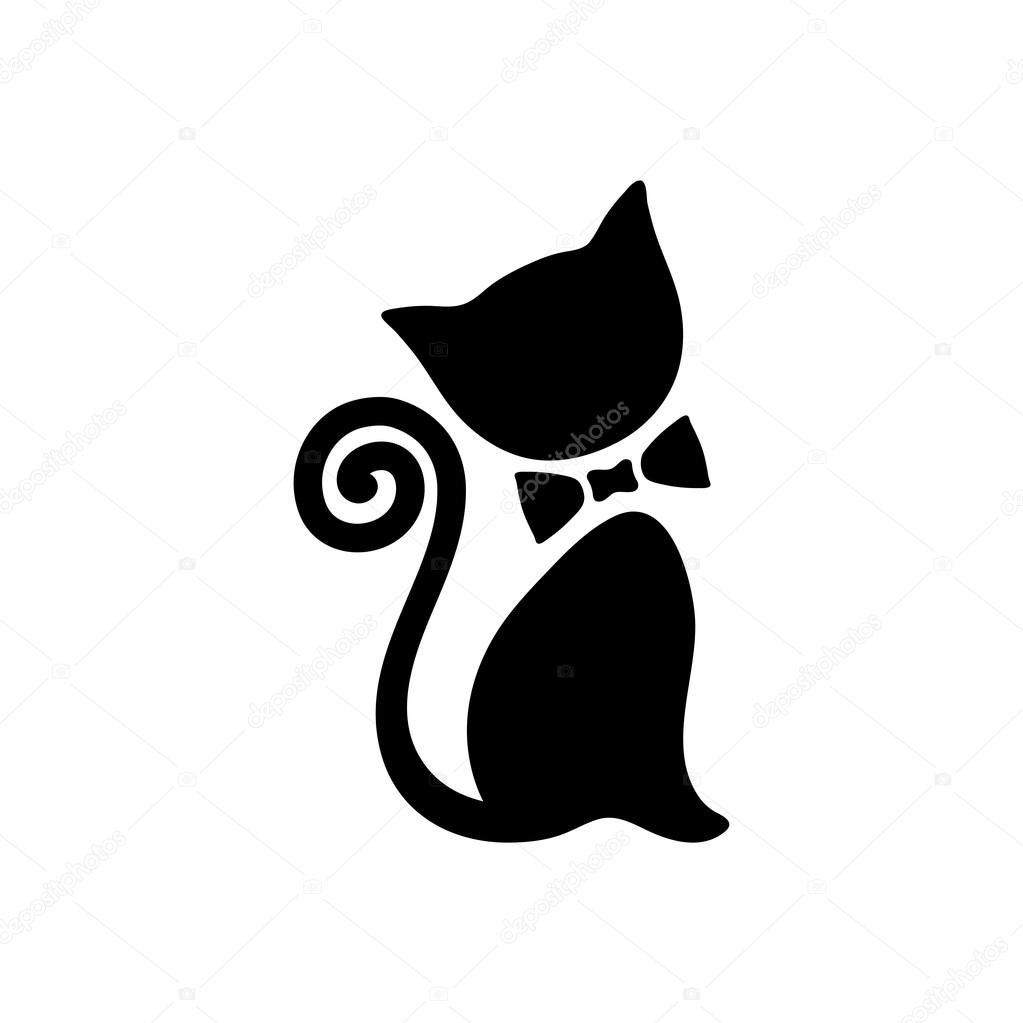 Cat with bow. Vector logo. Black silhouette domestic cute kitten