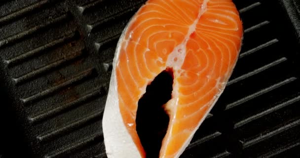 The salmon steak in the pan slowly rotates. — Stock Footage The salmon steak in the pan slowly rotates. Royalty Free Stock Video