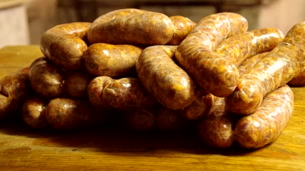 Homemade sausage in home — Stock Video
