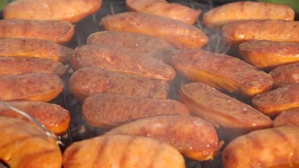 Сосиски на гриле, барбекю — стоковое видео