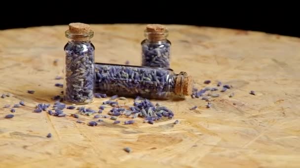 Flores de lavanda en una botella de vidrio — Vídeo de stock