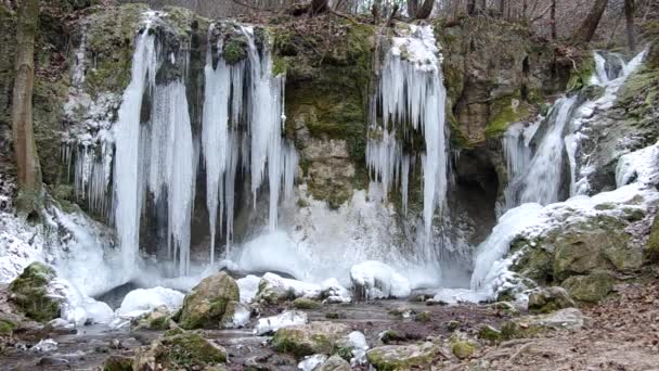 Водопад в Национальном парке Словацкий карст, в деревне Хадж зимой — стоковое видео