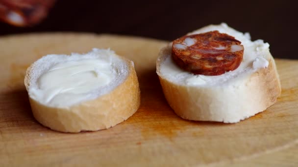 Canape finger food with sausage — Stock Video