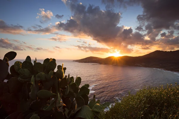 Zonsondergang over Cargese dorp in Corsica, Frankrijk Stockfoto