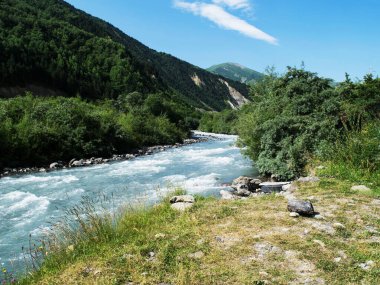 Dağ nehrinin manzarası. Kuzey Kafkasya dağlarında nehir