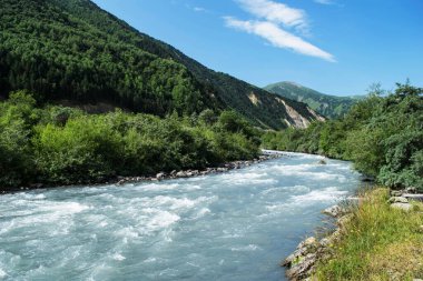 Dağ nehrinin manzarası. Kuzey Kafkasya dağlarında nehir