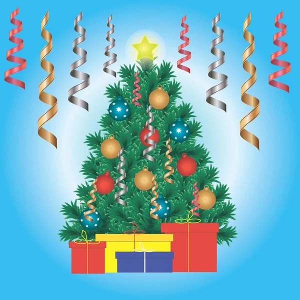 Árvore Natal Com Brinquedos Serpentinas Caixas Presente Fundo Azul Ilustração — Fotografia de Stock