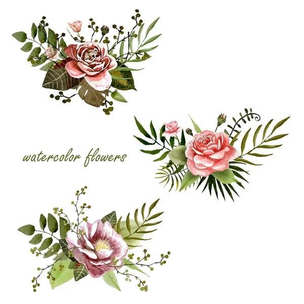 Conjunto Aquarela Flores Buquês Fundo Branco Elementos Florais Para Cartões — Fotografia de Stock