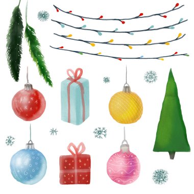 suluboya Noel seti hediye kutusu, toplar, ağaçlar, dallar ve beyaz arka planda çelenkler