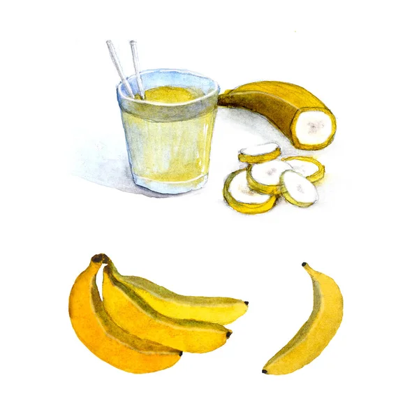 Isolado Aquarela Amarelo Bananas Coquetel Fundo Branco — Fotografia de Stock