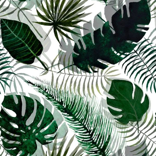 Watercolor Tropical Bright Green Seamless Pattern White Background Print Textile — Stock Photo, Image