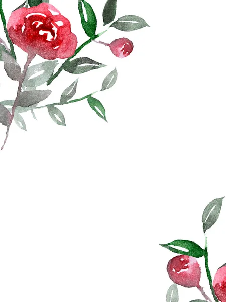 Fondo Acuarela Con Flores Con Rosa Roja Hojas Verdes Ramas — Foto de Stock