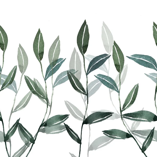 Aquarell Nahtloses Muster Für Rahmen Mit Dunkelgrünen Zweigen Und Blättern — Stockfoto