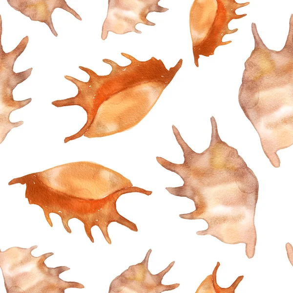 ベージュと水彩シームレスパターン 白の背景にオレンジの貝殻 — ストック写真