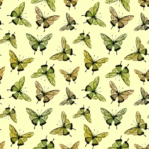 Acquerello Modello Senza Soluzione Continuità Con Verde Farfalle Gialle Sfondo — Foto Stock