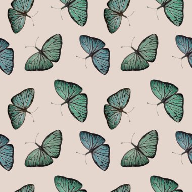 Pastel arka planda mavi, yeşil kelebeklerle sulu boya deseni