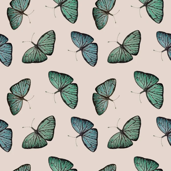 Acquerello Modello Senza Soluzione Continuità Con Blu Farfalle Verdi Uno — Foto Stock