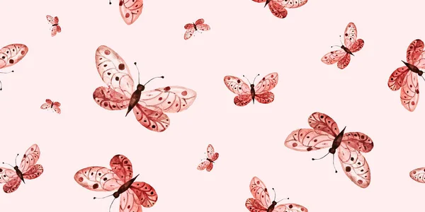 Pembe arka planda klasik kelebeklerle sulu boya deseni