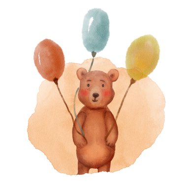 suluboya, renkli topları olan sevimli bir oyuncak ayı. Tatil için illüstrasyon, doğum günü, suluboya lekeli arka plan.