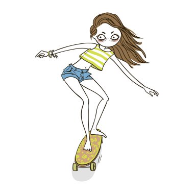 Şirin kız longboard - illüstrasyon.