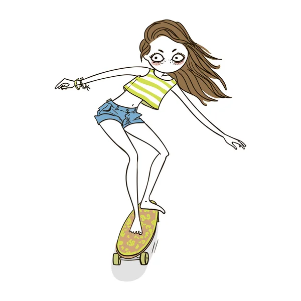 Cute girl on longboard - Illustration. — Stock Vector