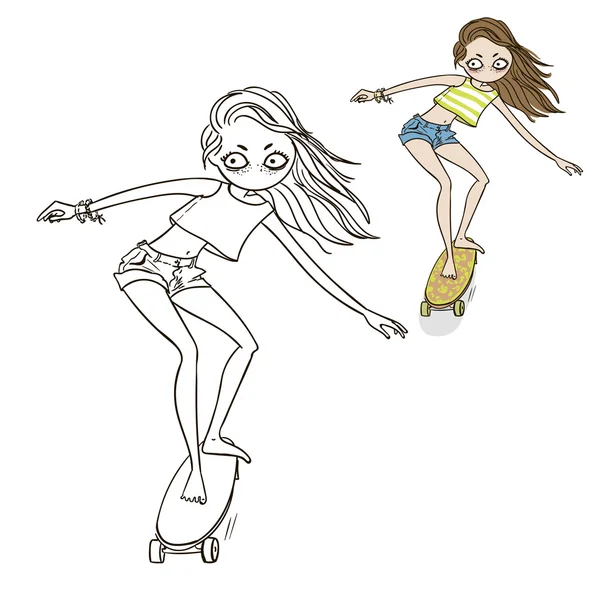 Schattig meisje op longboard - illustratie. — Stockvector