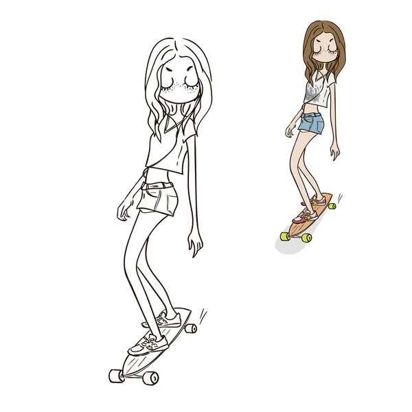 Słodkie dziewczyny na longboard - ilustracja. — Wektor stockowy
