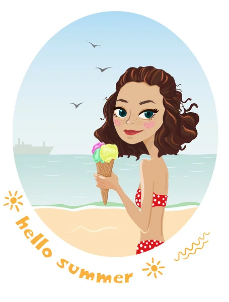 Bella ragazza con il gelato. Ciao estate - Illustrazione — Vettoriale Stock