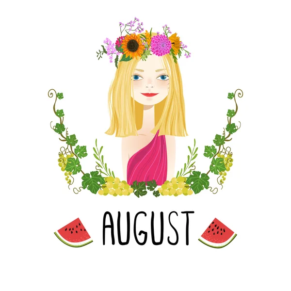 "Ο Αύγουστος "απεικόνιση διανύσματος. Όμορφο κορίτσι και τα λουλούδια — Διανυσματικό Αρχείο