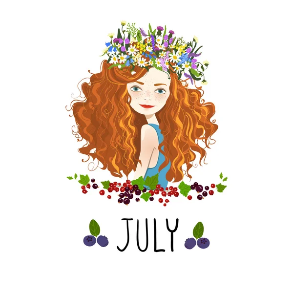 "Julio "ilustración vectorial. Hermosa chica y flores Vector De Stock