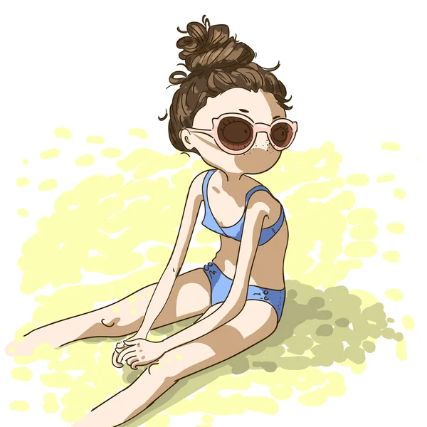 Piękna dziewczyna w stroju kąpielowym na plaży — Wektor stockowy