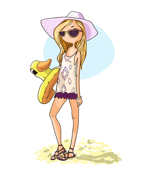 Linda chica de dibujos animados en la playa — Vector de stock