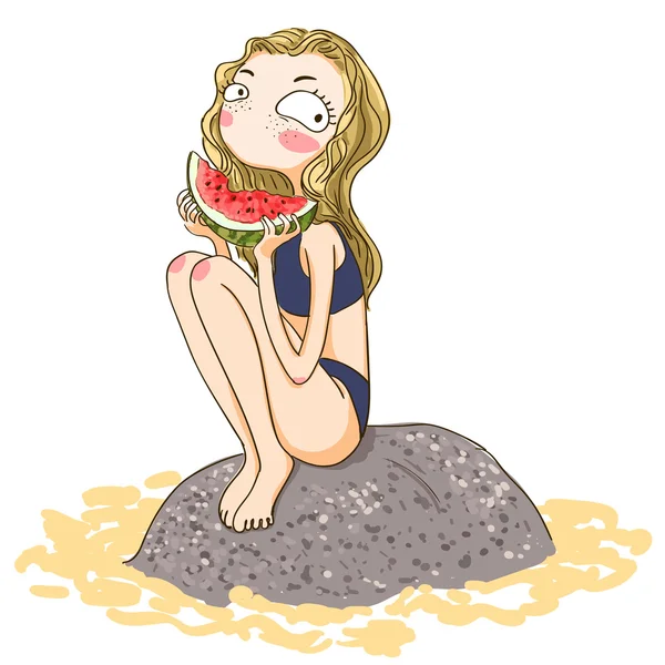 Cute cartoon girl with watermelon — Stock Vector