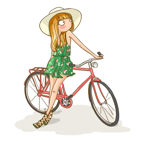 Chica con bicicleta — Vector de stock