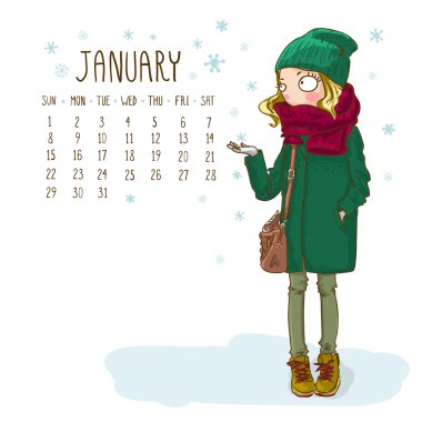 Takvim 2017, Ocak ay. Kızlar tasarım sezon. Vektör illust
