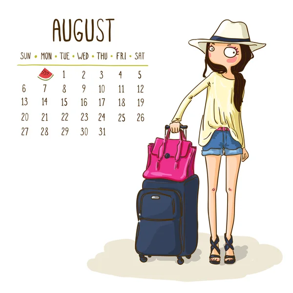 Calendario 2017, mes de agosto. Diseño de chicas de temporada. Vector illustr — Archivo Imágenes Vectoriales