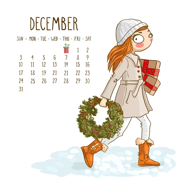 Calendario 2017, mes de diciembre. Diseño de chicas de temporada. Vector illus — Vector de stock