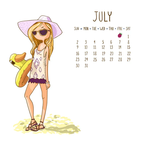 2017 年日历，7 月个月。季节女孩设计。矢量说明 — 图库矢量图片