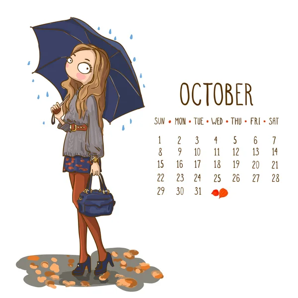 Kalendarz w 2017 roku, miesiąca października. Sezon design dziewczyny. Wektor ilust — Wektor stockowy